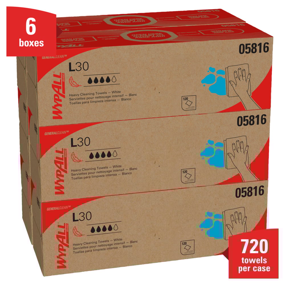 WypAll* 05816 L30 Wipers, White, 9.8 in W x 16.4 in L, Pop-Up Box, 120 Sheets per Box/6 Box/CS