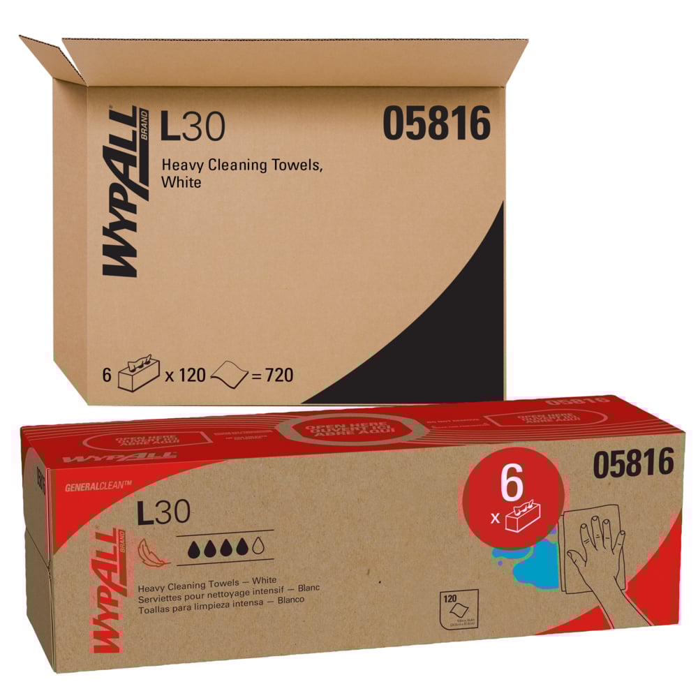 WypAll* 05816 L30 Wipers, White, 9.8 in W x 16.4 in L, Pop-Up Box, 120 Sheets per Box/6 Box/CS
