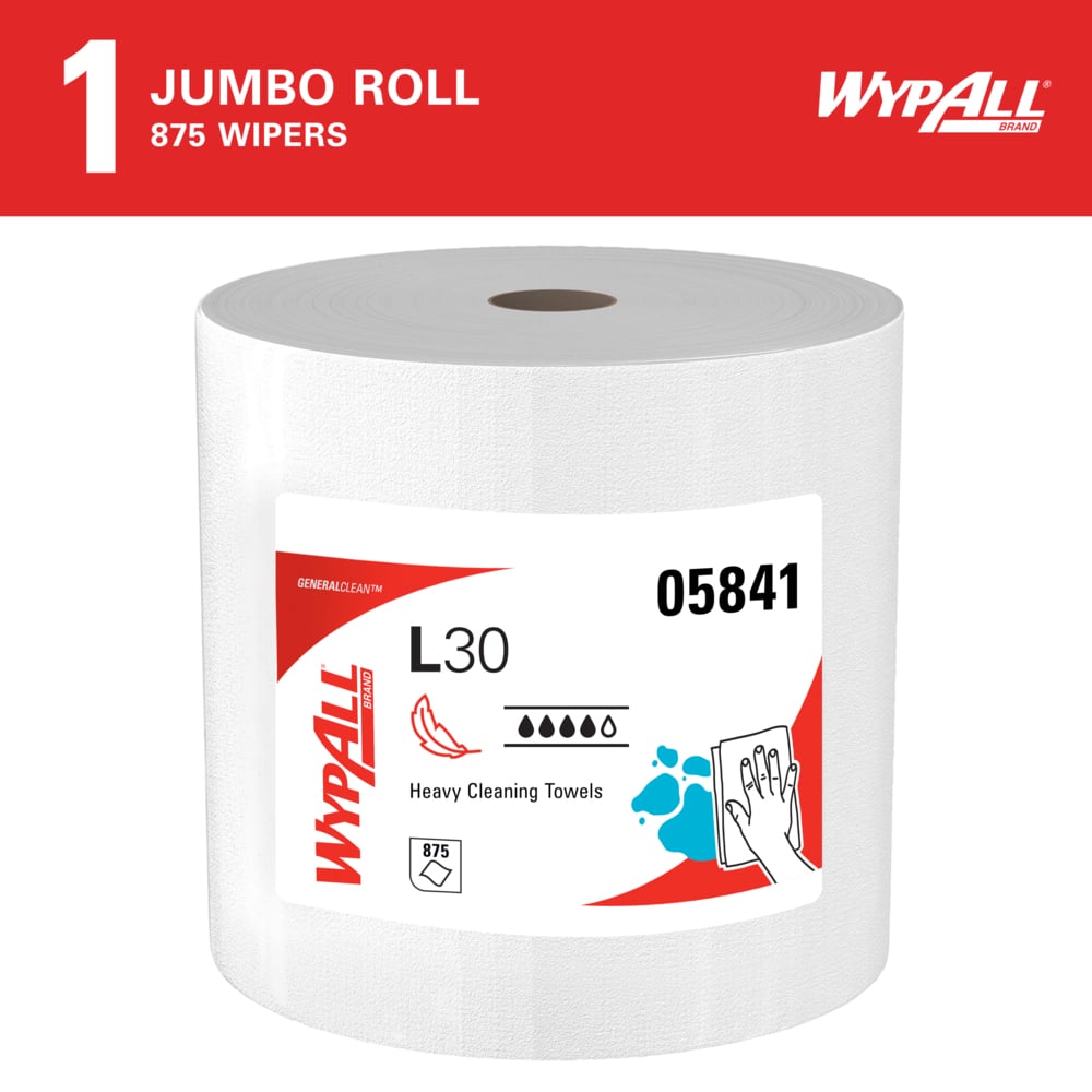 WypAll* 05841 L30 Wipers, White, 12.4 in W x 13.4 in L, Jumbo Roll, 1 Roll