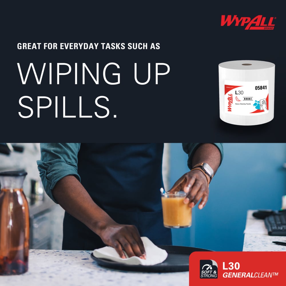 WypAll* 05841 L30 Wipers, White, 12.4 in W x 13.4 in L, Jumbo Roll, 1 Roll