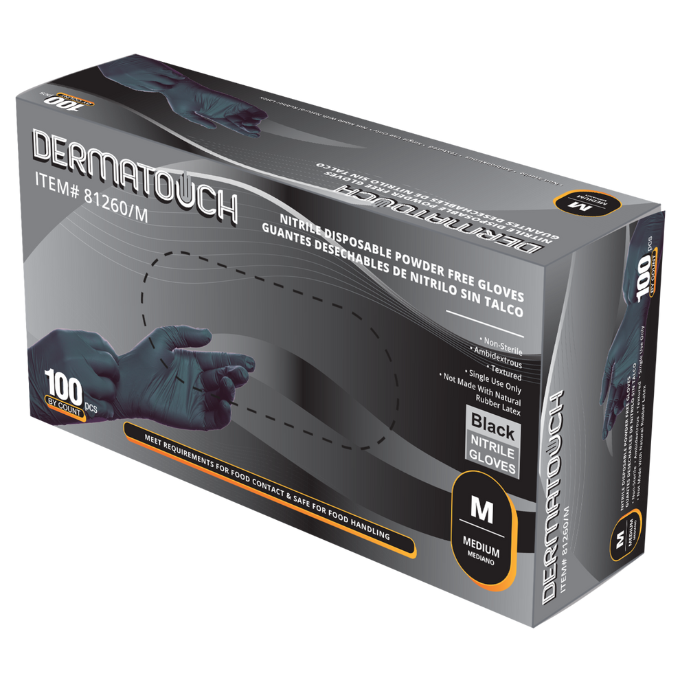 Dermatouch 81260 6Mil Black Nitrile Disposable Gloves – Powder-Free 10 BX/CS