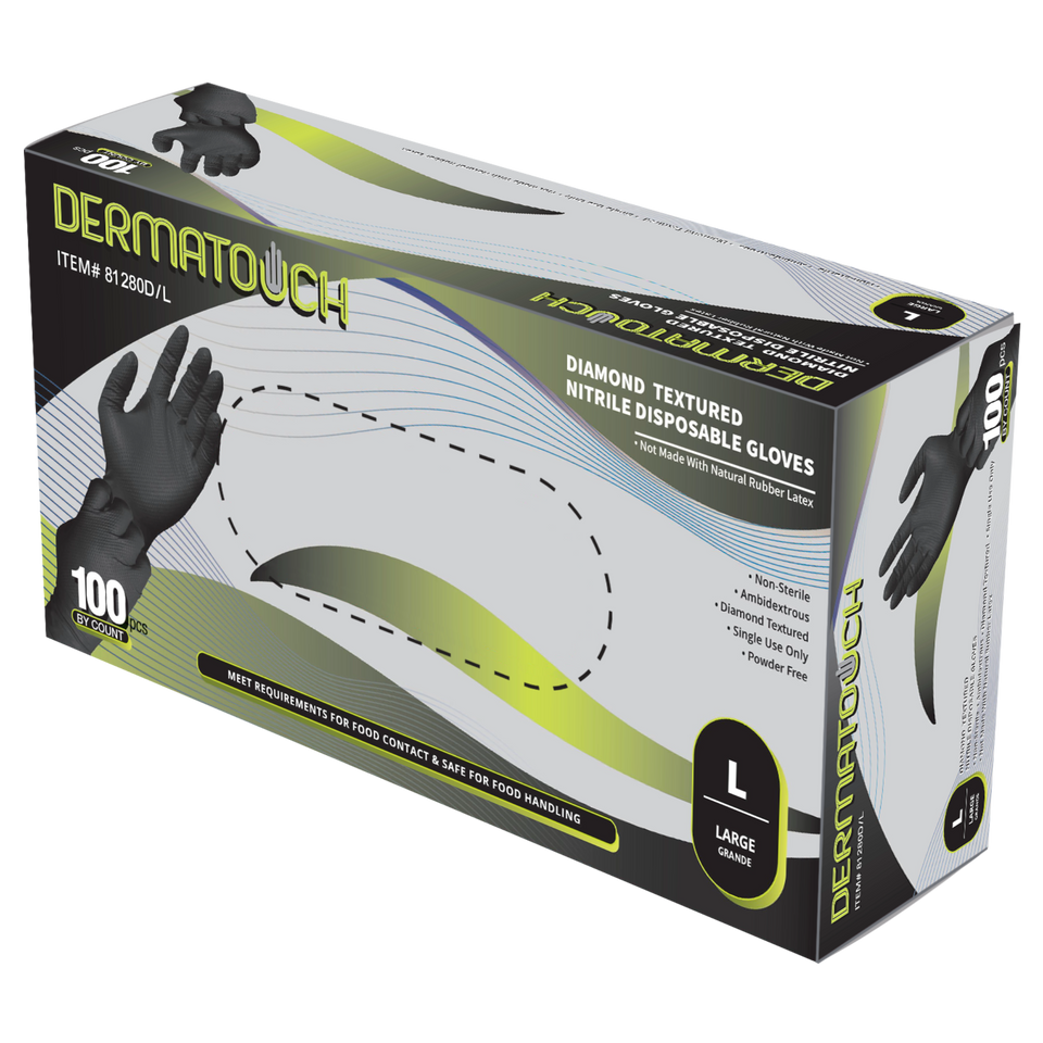 Dermatouch 81280D 8 Mil Black Nitrile Diamond Embossed Disposable Gloves – Powder-Free 10 BX/CS