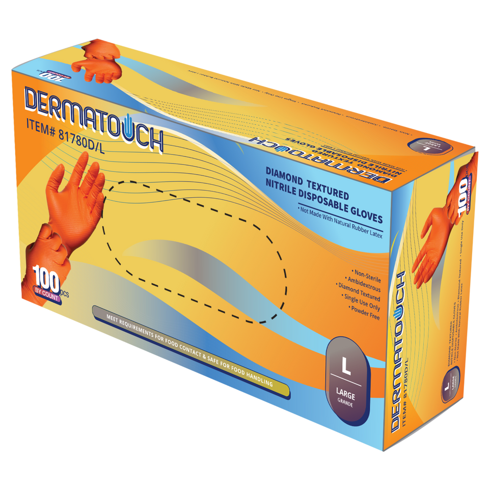 Dermatouch 81780D 8 Mil Orange Nitrile Diamond Embossed Disposable Gloves – Powder-Free 10 BX/CS