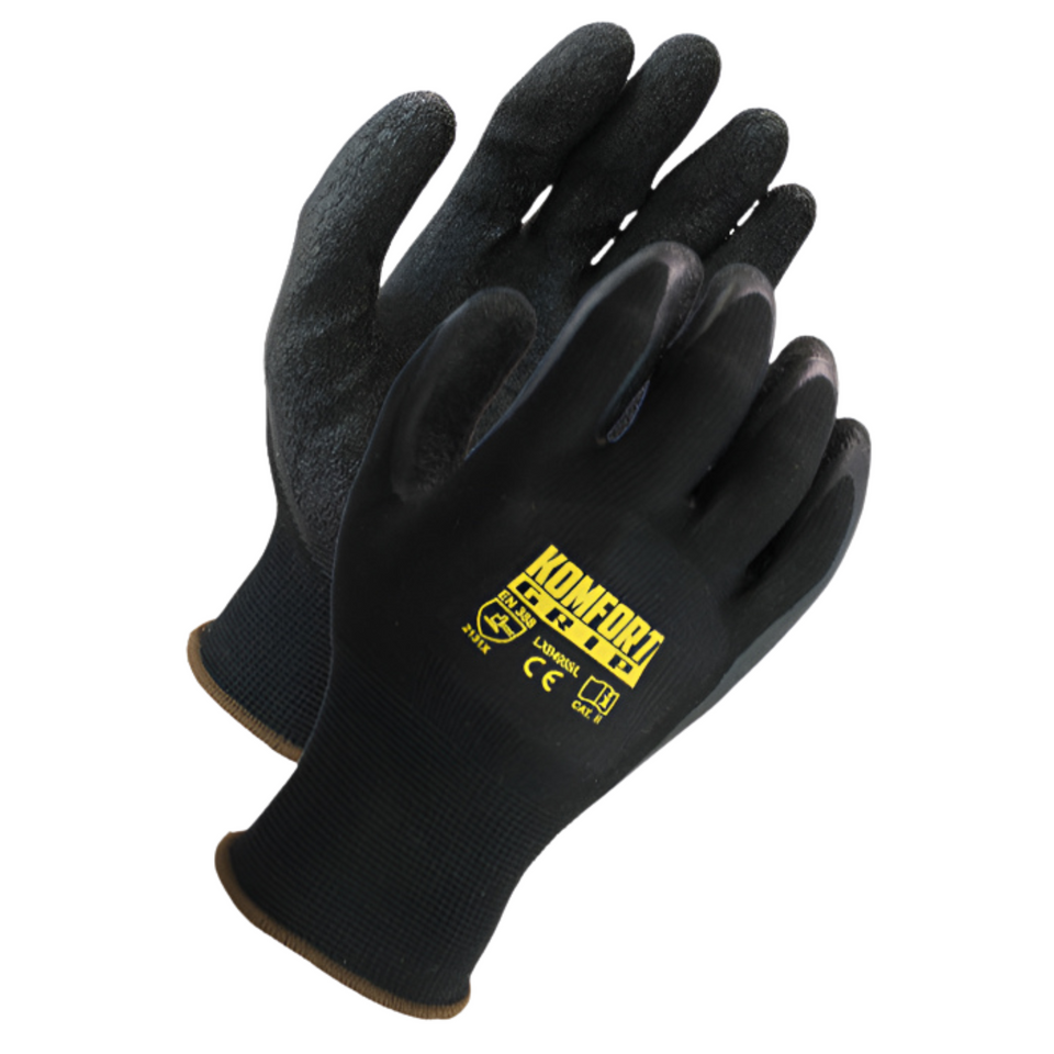 KOMFORT GRIP LXB4955 13 Gauge, Black Cotton Polyester Knit Shell Black Crinkle Latex Palm Coated Gloves 12/PK