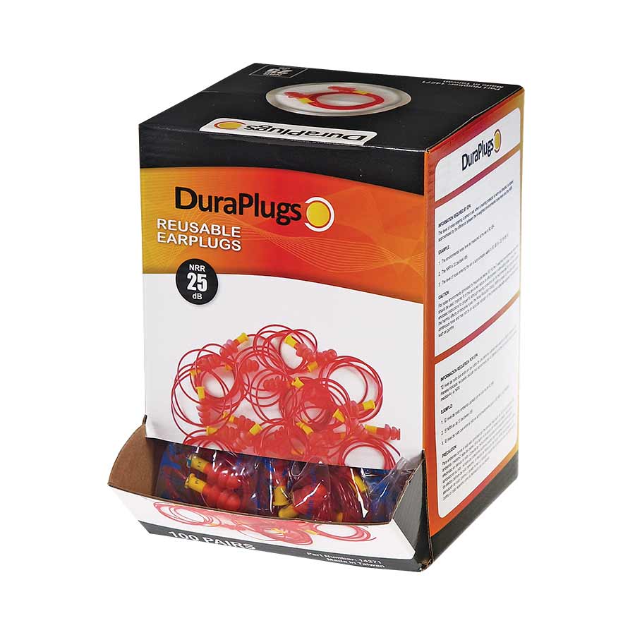 14271 DuraPlugsÖ REUSABLE EAR PLUGS - CORDED - "Red flange, yellow base"