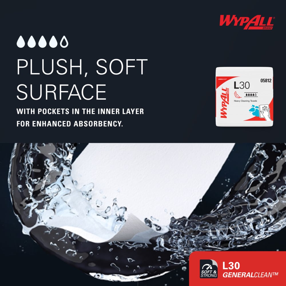 WypAll* 05812 L30 Wipers, White, 12 in W x 12-1/2 in L, 1/4 Fold, 90 per Pack/ 12 PK/CS