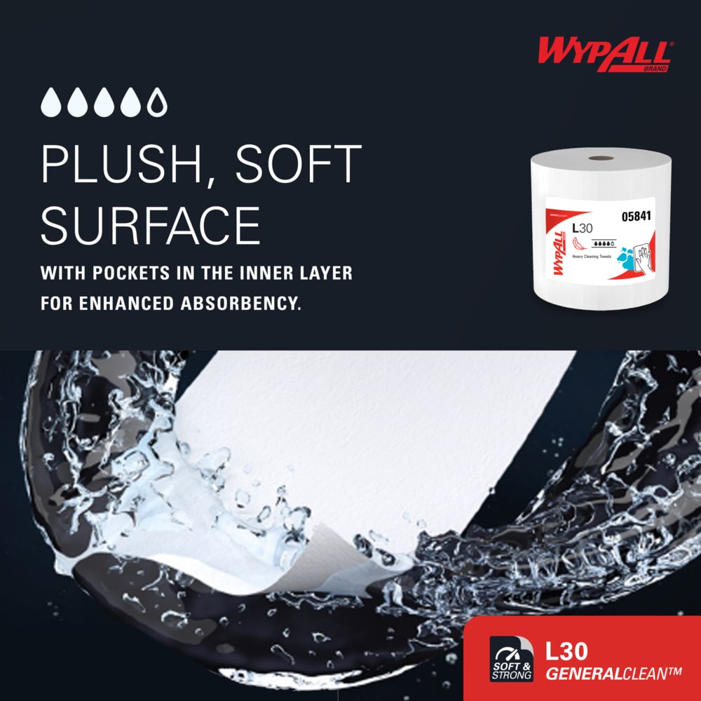 WypAll* 05841 L30 Wipers, White, 12.4 in W x 13.4 in L, Jumbo Roll, 1 Roll