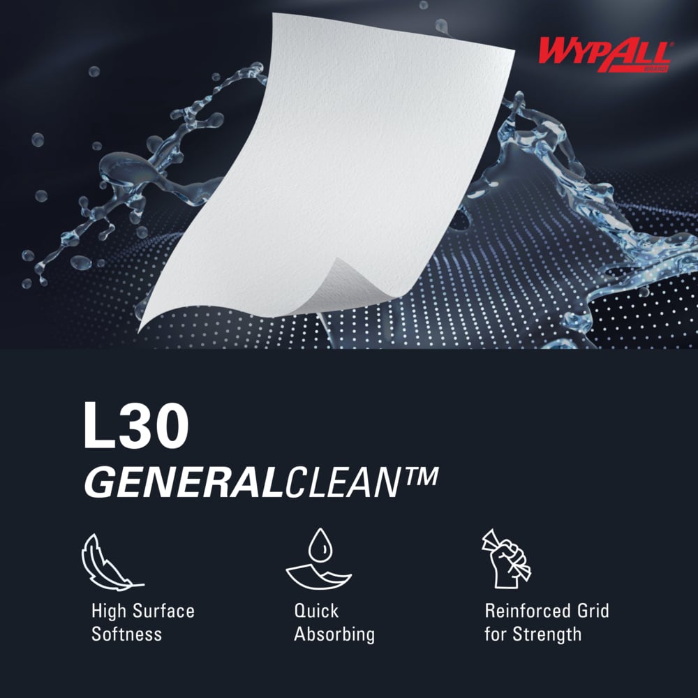 WypAll* 05841 L30 Wipers, White, 12.4 in W x 13.4 in L, Jumbo Roll, 1 Roll