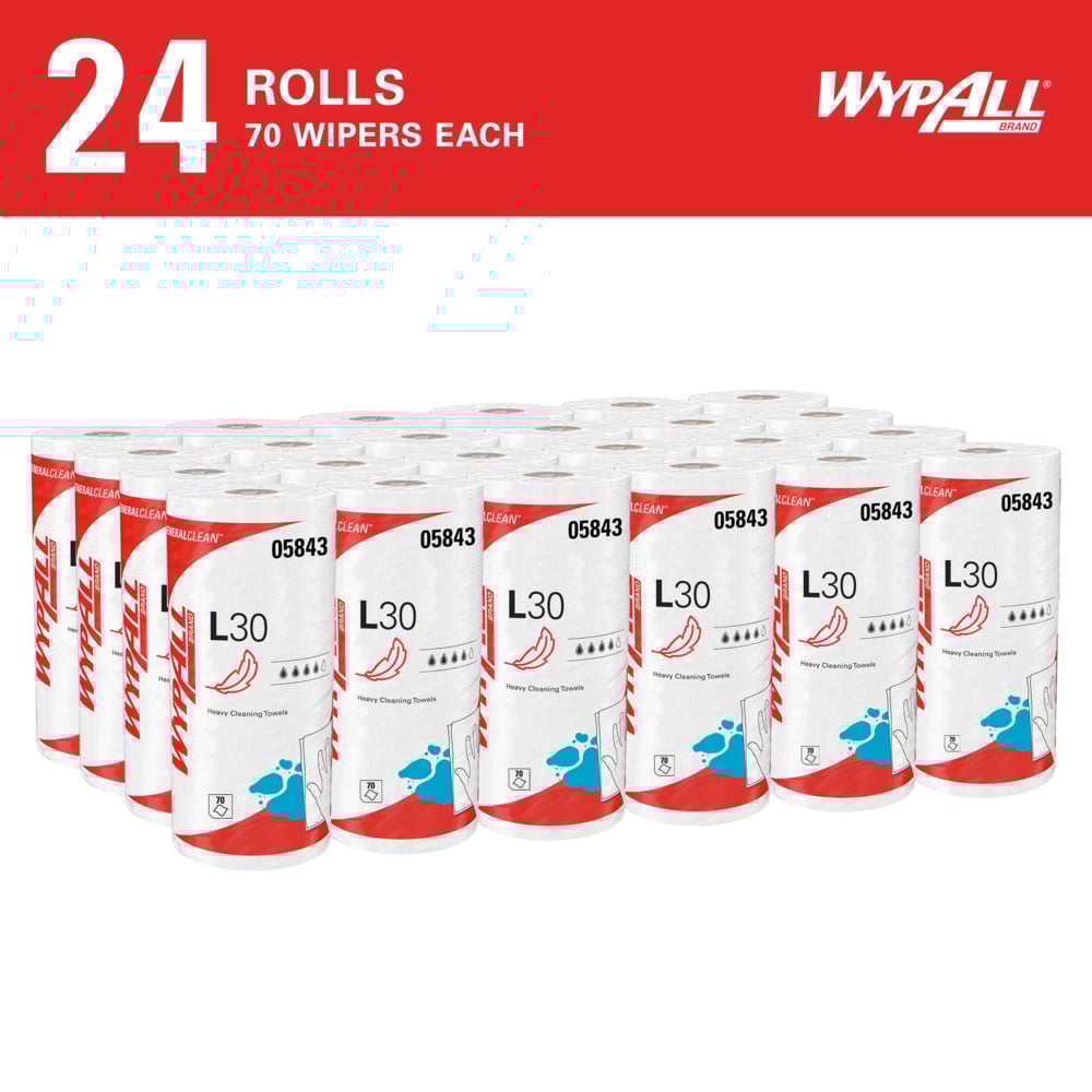 WypAll* 05843 L30 Wipers, White, 10.4 in W x 11 in L, 70 Sheets per Roll/24 Rolls/CS