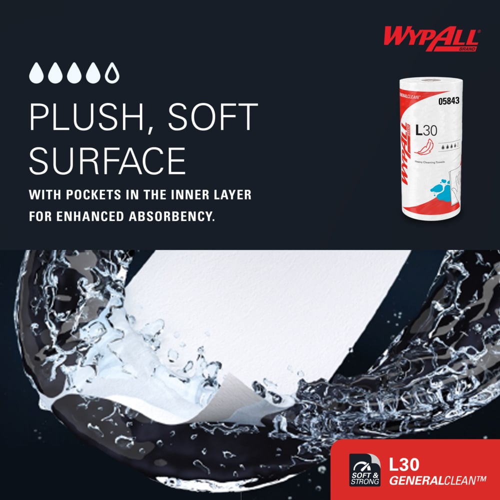 WypAll* 05843 L30 Wipers, White, 10.4 in W x 11 in L, 70 Sheets per Roll/24 Rolls/CS