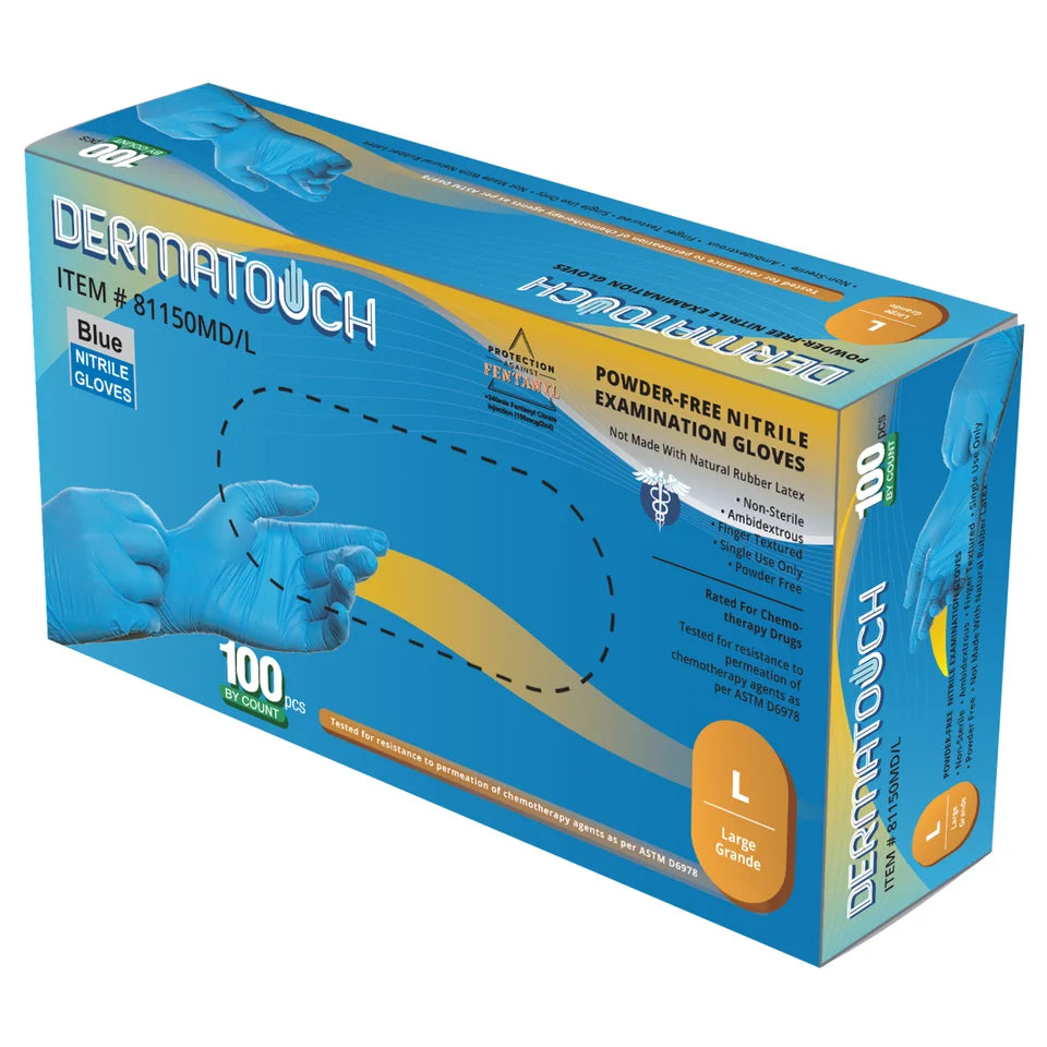 81150MD Dermatouch 5 Mil Blue Nitrile Examination Gloves – Powder-Free 10/CS