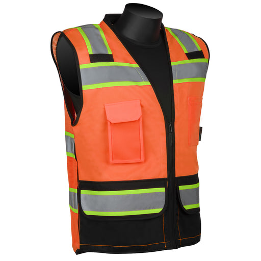 C16032FB HIVIZGARDÖ SOLID FRONT MESH BACK SURVEYORÆS VEST WITH BLACK BOTTOM - Orange