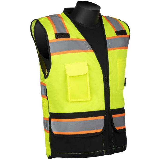 C16032GB HIVIZGARDÖ SOLID FRONT MESH BACK SURVEYORÆS VEST WITH BLACK BOTTOM - Hi-vis Green