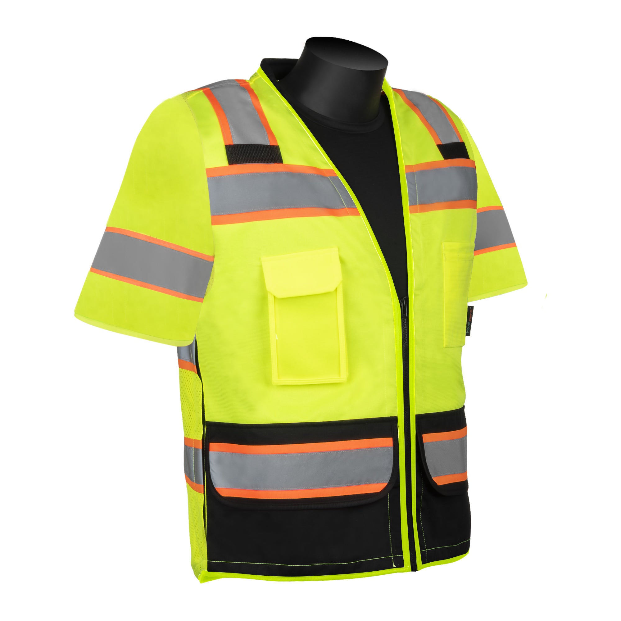 C16034GB HIVIZGARDÖ SOLID FRONT MESH BACK VEST WITH SLEEVES AND BLACK BOTTOM - Hi-vis Green